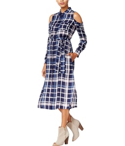 Cold-Shoulder Plaid Shirt Dress Midi Dress