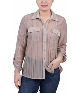 Roll Tab Sleeve Burnout Knit Top Button Up Shirt