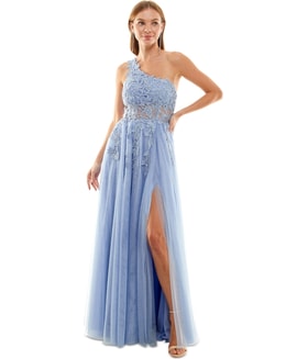 Say Yes to the Prom Rhinestone Sheer Midriff Slit One Shoulder Maxi Gown Asymmetrical Dress