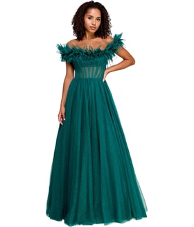 Say Yes to the Prom Sheer Boned Bodice Ruffled Prom Dress Off-Shoulder Gown Dress