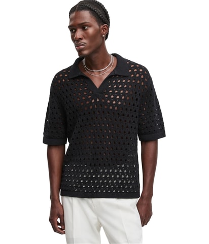 Johnny-Collar Open-Stitch Short-Sleeve Polo Sweater