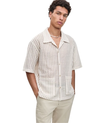Textured-Knit Bubble Lace Button Up Shirt