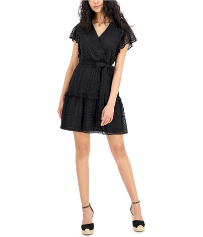 Belted Crochet Flutter Sleeve Fit & Flare Dress