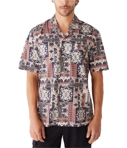 Cognac Printed Camp Button Up Shirt