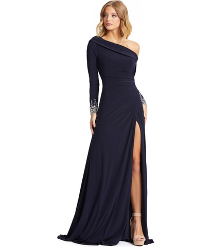 Beaded Cuff Faux Wrap Gown Dress