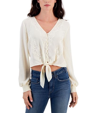 Lace Trimmed V Neck Peasant Blouse