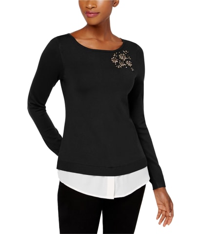 Layered-Look Brooch Pullover Sweater