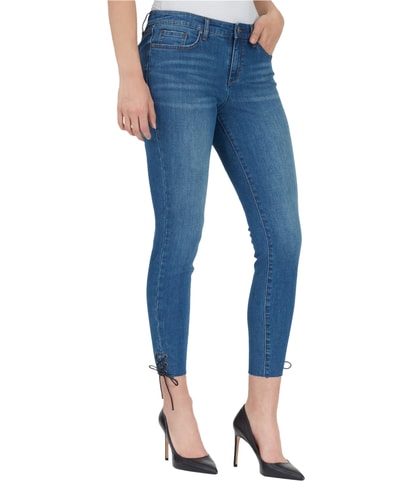 Frayed Ankle Tie Tapered Skinny Jeans