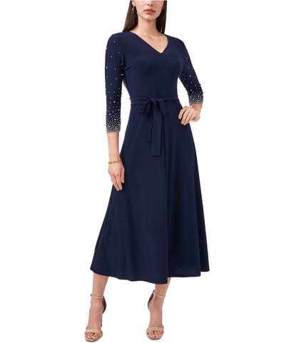 Stretch Beaded Belted Midi Fit & Flare Dress
