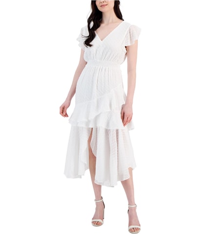 Clip Dot Asymmetrical Hem Smocked Waist Tiered Dress