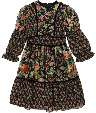 Mixed Media Velvet Trim Flounce Dress