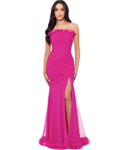 Ruffled Ruched Strapless Mesh Gown Dress