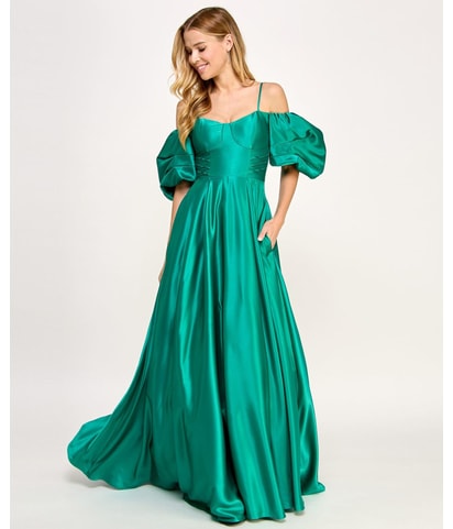 Satin Bustier Puff Sleeve Gown Dress