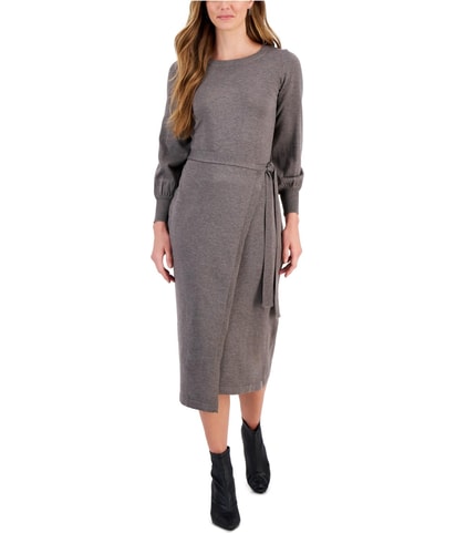 Knit Puff Sleeve Wrap Sweater Dress