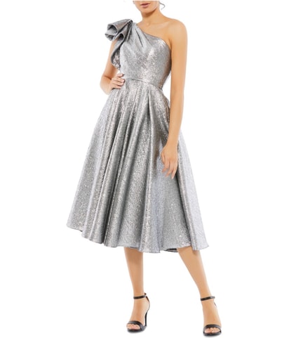 Crinkle Metallic One Shoulder Cocktail Dress