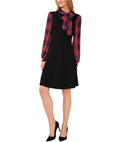 Tie Neck Tartan Sweater Dress