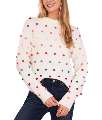 Pom Pom Ribbed Trim Pullover Sweater