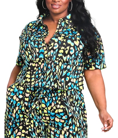 Cropped Printed Satin Button Down Blouse