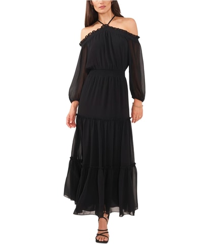 Solid Tiered Pleated Off-Shoulder Maxi Dress