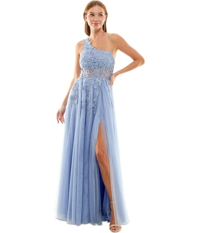 Rhinestone Sheer Midriff Slit One Shoulder Maxi Gown Asymmetrical Dress