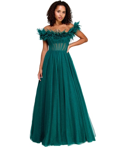 Sheer Boned Bodice Ruffled Prom Dress Off-Shoulder Gown Dress