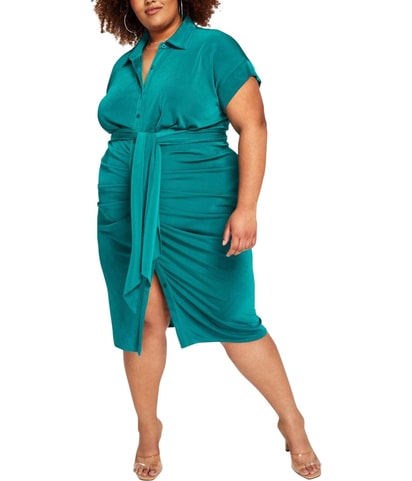 Ruched Tie Front Shirt Dress