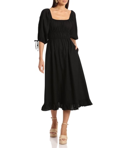 Linen Blend Midi A-line Dress