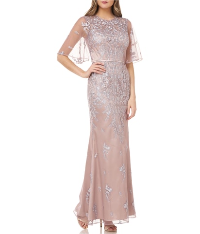 Embroidered Flutter Sleeve Gown Dress