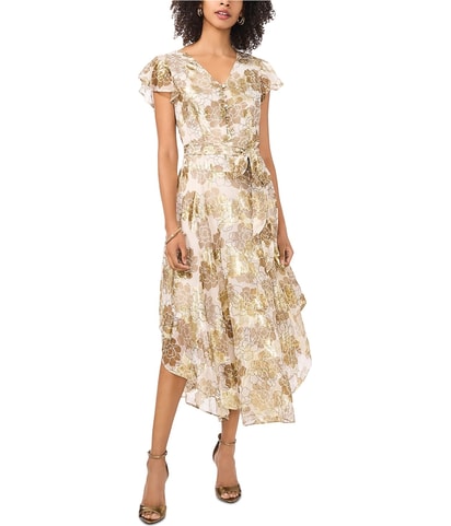 Metallic Print Flutter Sleeve Fit & Flare Dress