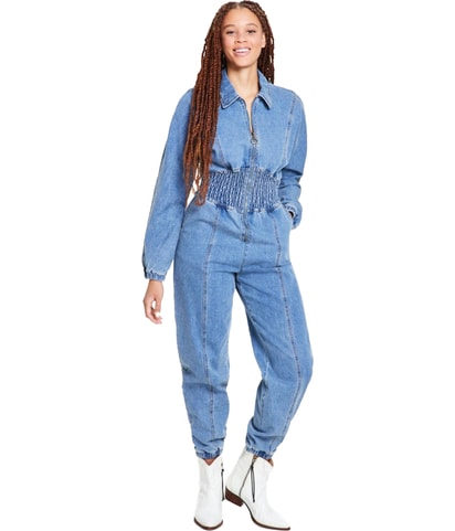 Solid Denim Smock-Waist Jumpsuit