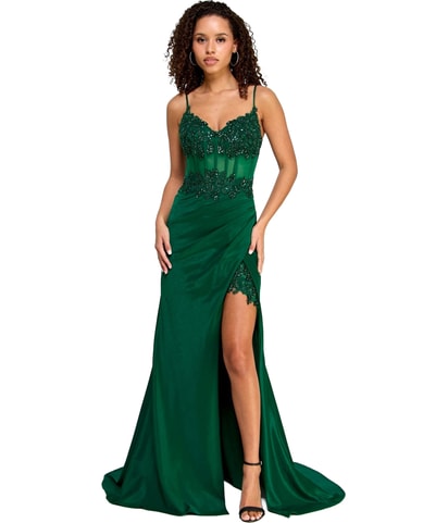 Beaded Satin Slit Gown Corset Dress