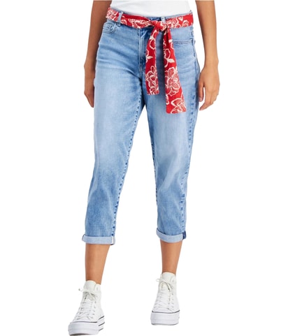 Flowered Belt Capri Straight Leg Regular Cropped Jeans