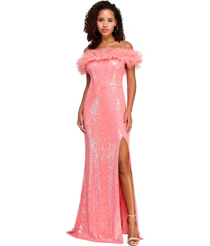 Tulle Trim Sequin Gown Dress