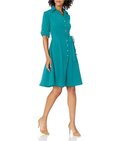 Button Front Belted Shirt Dress