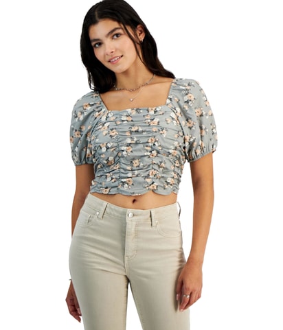Puff-Sleeve Smocked Crop Top Blouse