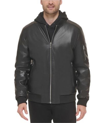 Faux Leather Rib Knit Trim Bomber Jacket