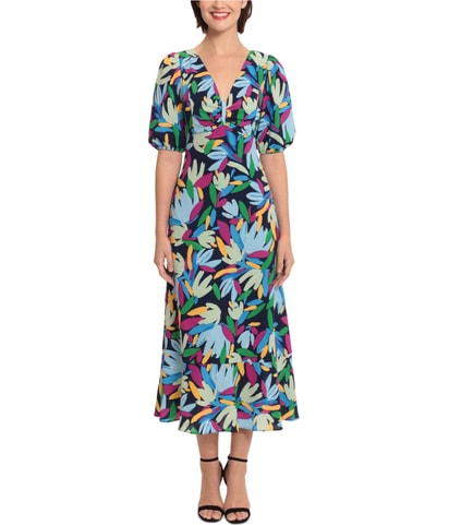 Floral Print V Neck Midi Dress