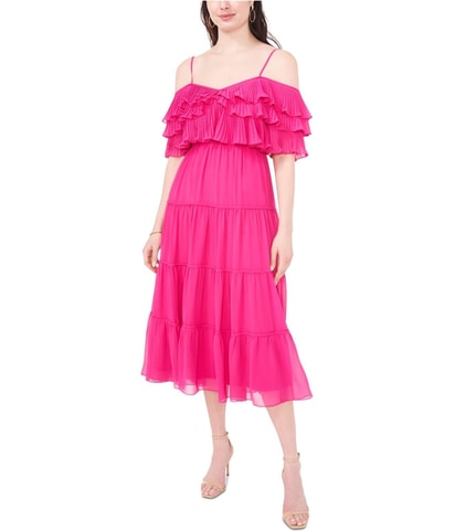 Chiffon Ruffled Pleated Off-Shoulder Midi Dress