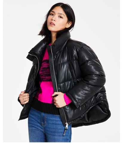 Faux Leather High Low Hem Puffer Jacket
