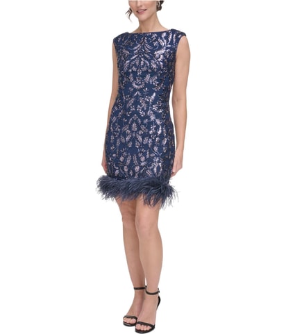 Feather Trim Sequin Sheath Dress