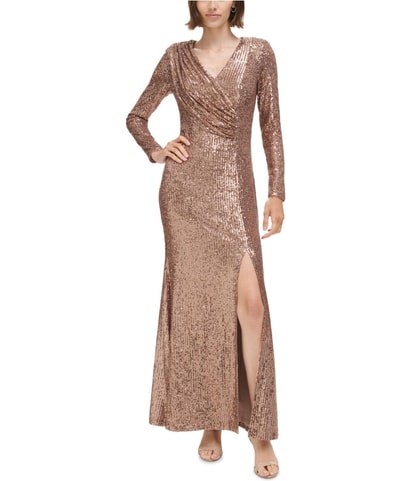 Sequin V Neck Draped Bodice Gown Dress