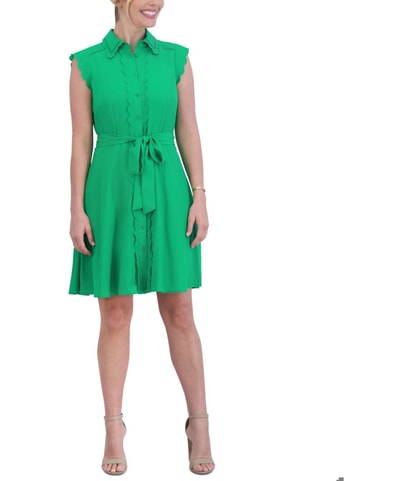 Scallop Trim Belted Shirt Dress