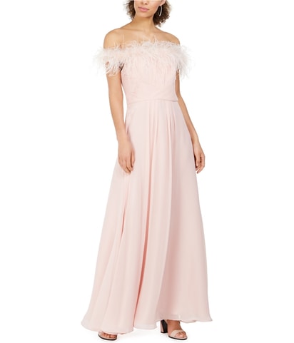 Faux-Feather Off-Shoulder Gown Dress