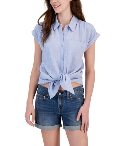 Tie-Front Gauze Camp Button Up Shirt
