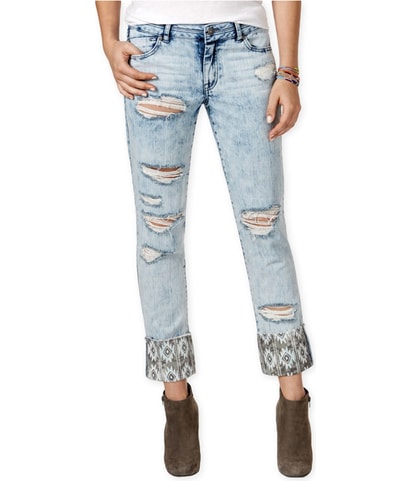 Ripped Print-Cuff Tapered Slim Cropped Jeans