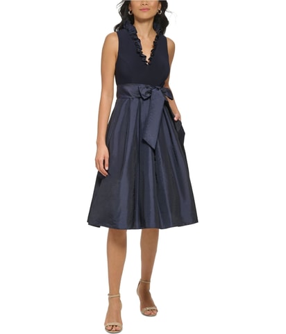 Belted Ruffle Neck Midi Dress