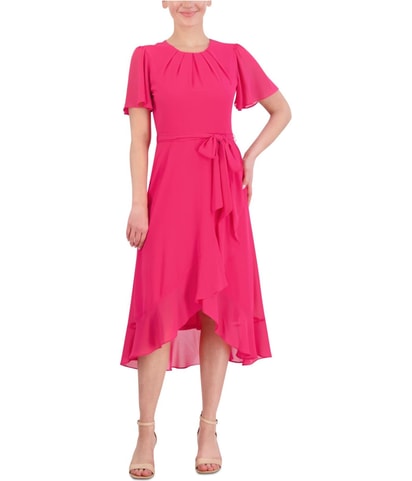 Belted Pleated Midi High-Low Dress