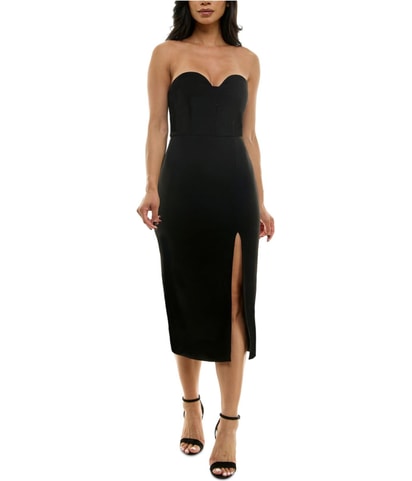 Solid Strapless Slit Midi Dress