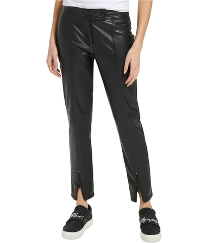 Faux Leather Zipper Hem Straight Leg Casual Pants