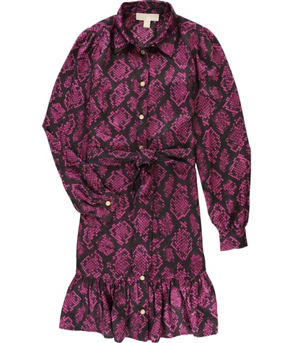 Belted Snakeskin Tie Waist Shirt Ruffled Mini Dress